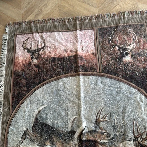 Vintage Deer Scene Tapestry Throw Blanket with Fringed Edges